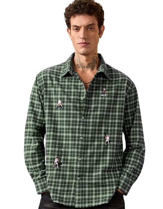Tennis Green Men and Boys Long Sleeves Spread Collar Dark Green Checks Cotton Regular Fit All Season Everyday Office Wear Smart Casual Button Down Shirt