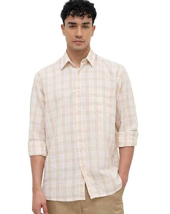 Men Comfort Fit Checks Pattern Linen Cotton Blend Plain Collar Full Sleeve Casual Shirt