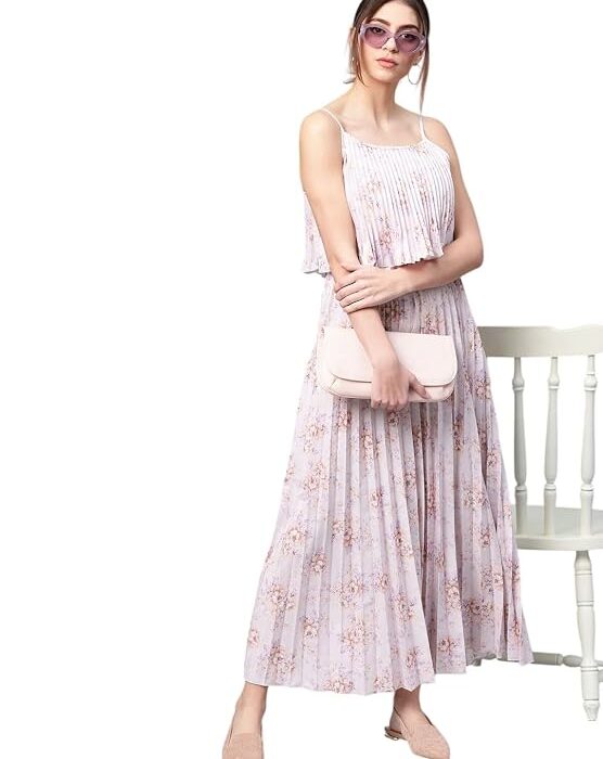 Women Floral Strappy Pleated Maxi Dress
