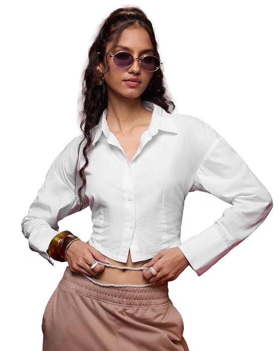 vory Women and Girls Long Sleeves Collared Neck Button Front Solid White Cotton Oversized Fit Lightweight Cropped Tops