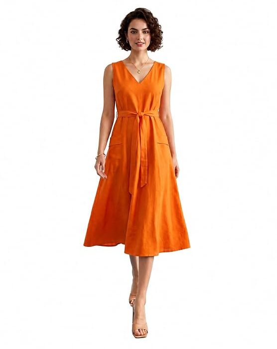 Women's Fit & Flared Midi Length Sleeveless V-Neck Solid Dress