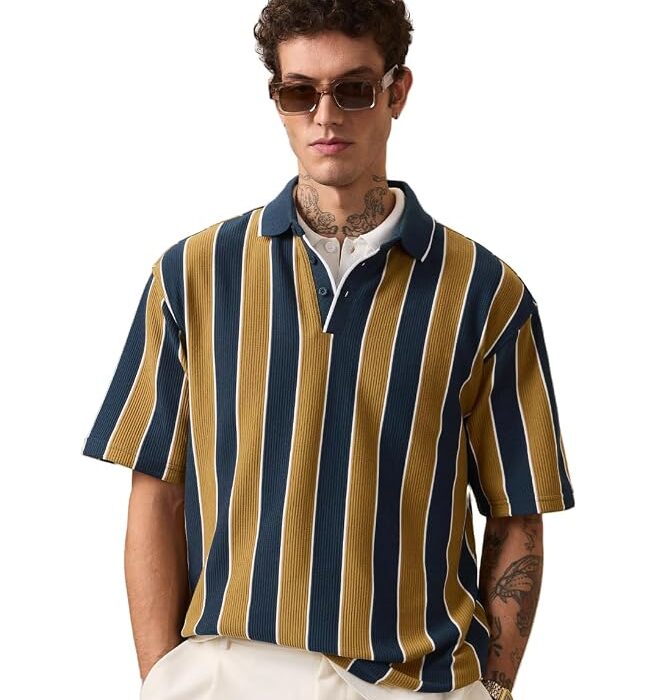 Coastal Vibe Men and Boys Short Sleeves Collared Neck Navy Mustard Striped Cotton Blend Textured Drop Shoulder Breathable Casual Streetwear Oversized Polos