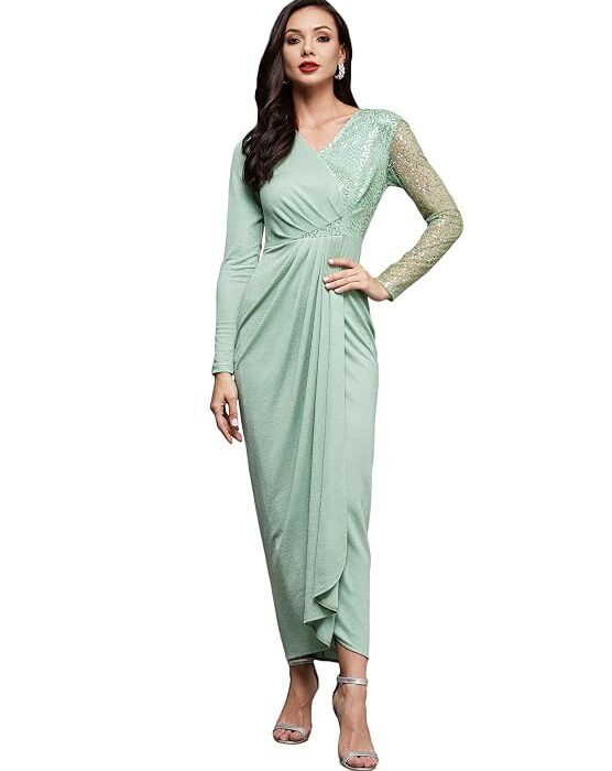 Women's Fit and Flare Full Length Pleated V-Neck Full Sleeve Dress