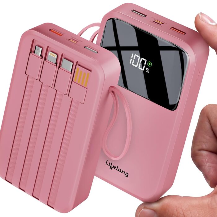 Lifelong Electronics 20000mAh 22.5W Fast Charging Power Bank | 3 Inputs (1 Built-in USB A Cable + 1 C + 1 Lightning Port) & 6 Outputs (3 Built-in Cables + 1 C + 2 A Port) | Small Pocket Size Powerbank | Pink