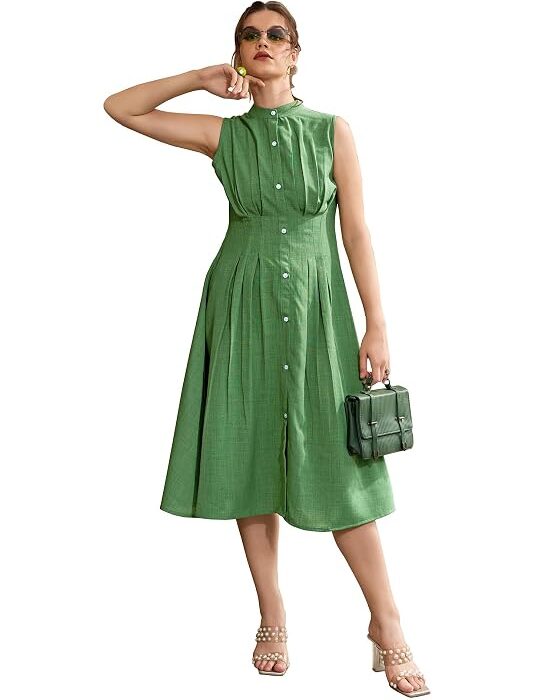 PURVAJA Women's Pleated Knee Length Sleeveless Mandarin Collar Solid Dress