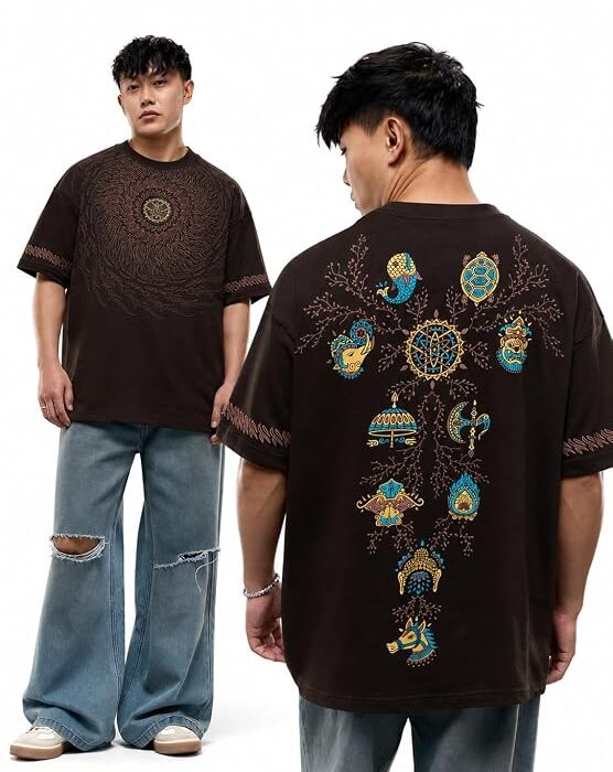 Men and Boys Short Sleeves Round Neck Dark Brown Graphic Printed Casual Drop Shoulder