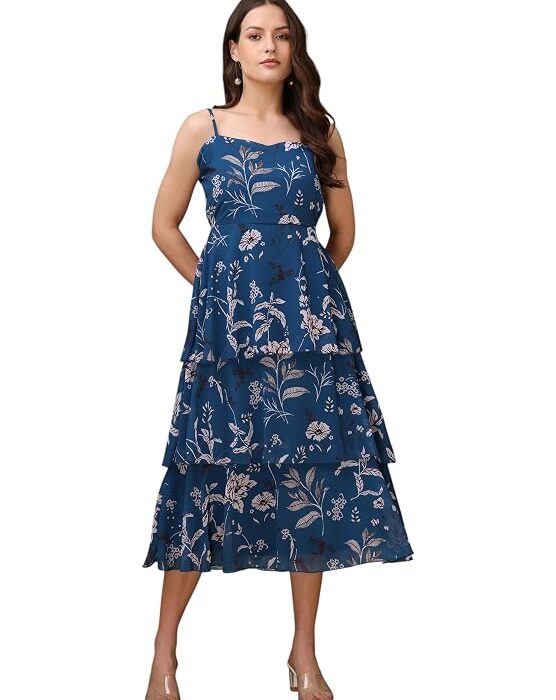 PURVAJA Women’s Layered Below Knee Length Dress
