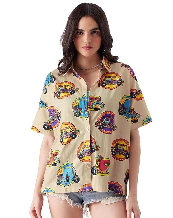Desi Paintwork Womens Loose Fit Graphic Printed Half Sleeve Cotton Pink Women Summer Shirts