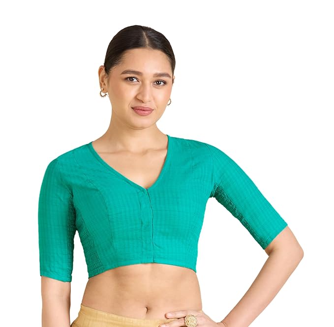 Shringaar Women Cotton Half Sleeve Madras Checks Saree Blouse with Stretchable Sides