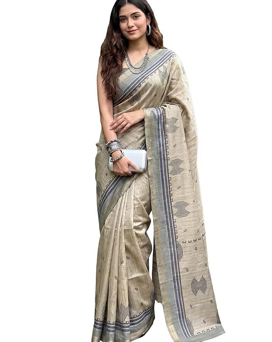 AKHILAM Women's Tussar Silk Ikat Print Saree With Unstitched Blouse Piece