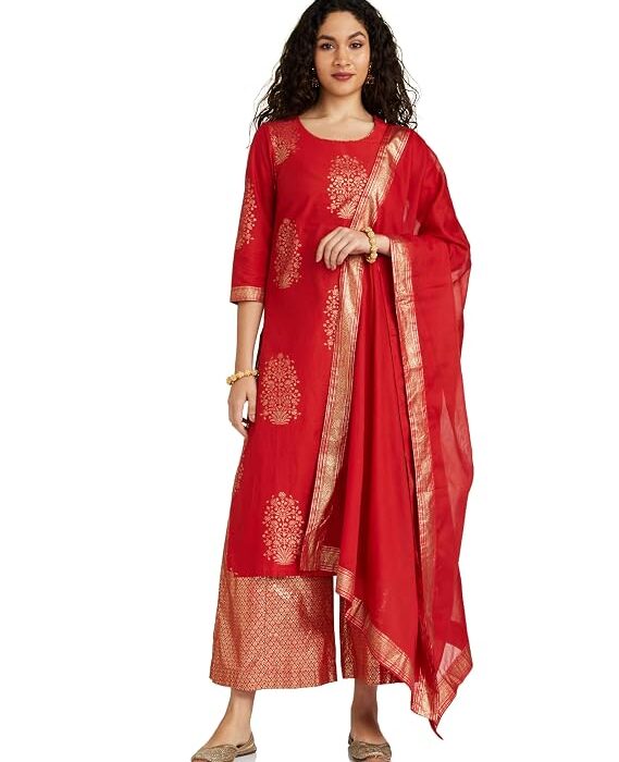 Women Straight Cotton Straight Kurta Palazzo Suit Set