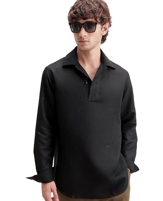 Men Regular Solid Dark Purple Linen Blend Long Sleeve Button Shirt