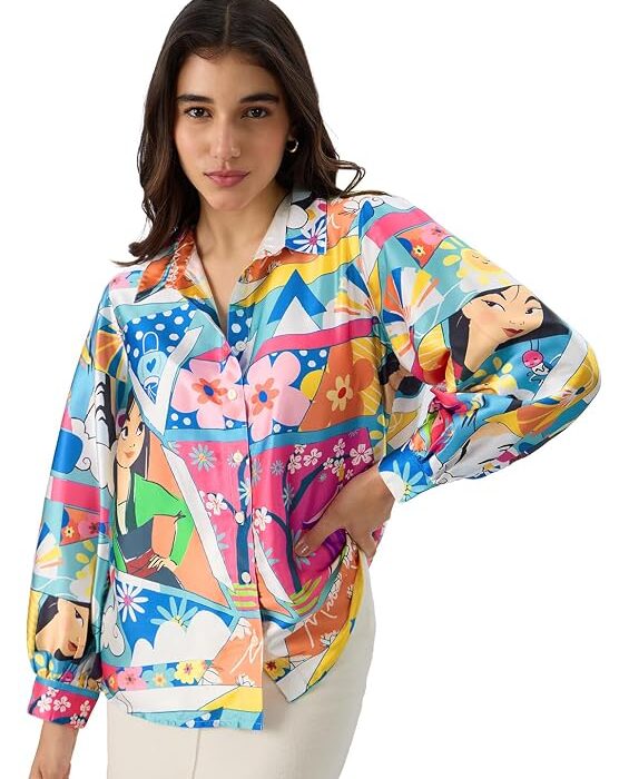 Disney Mulan Women's And Girls Long Sleeve Collared Neck Button Down Multicolor All Over Printed Polyester Shirts