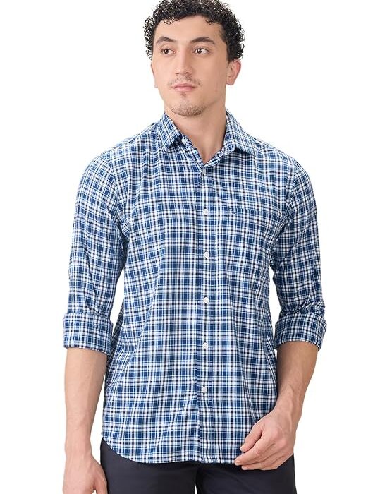 Men Regular Fit Checks Pattern Pure Cotton Plain Collar Full Sleeve Casual Shirt