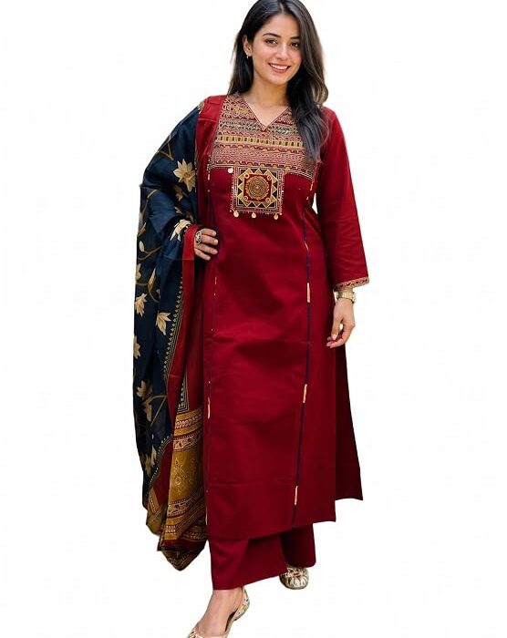 BHARVITA Women's Cotton Embroidered Anarkali Kurta and Palazzo with Dupatta Set