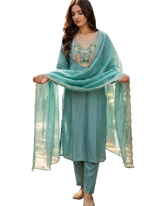 INDO ERA Women's Silk Blend Embroidered Straight Kurta & Pant with Dupatta Set