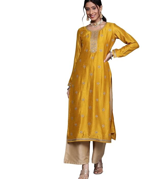 Womens Embroidered Silk Straight Fit Kurta for Women Yellow 23491OH Yellow