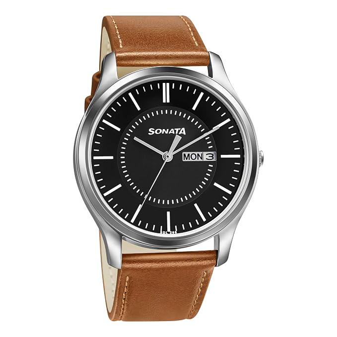 Essentials Quartz Analog with Day and Date Black Dial Tan Leather Strap Watch