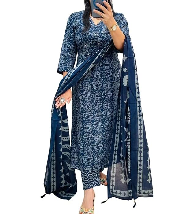 Women's Pure Cotton Printed Straight Kurta with Pants and Dupatta Set