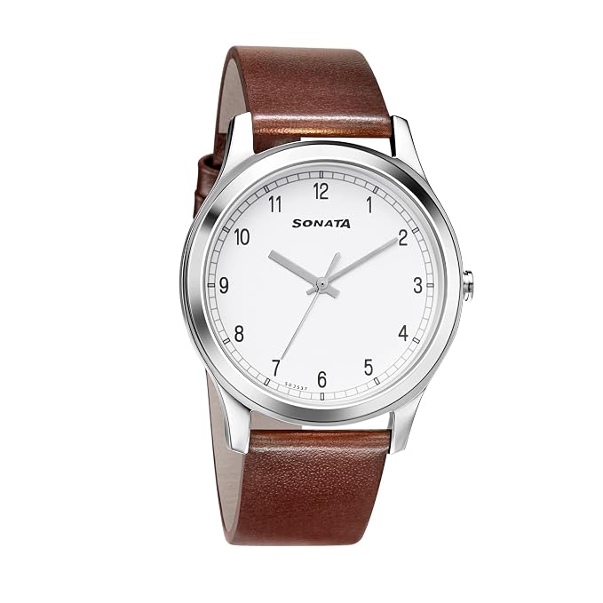 Quartz Analog White Dial Brown Leather Strap Watch