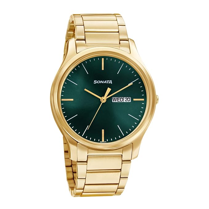 Essentials Quartz Analog with Day and Date Forest Green Dial Gold Stainless Steel Strap Watch