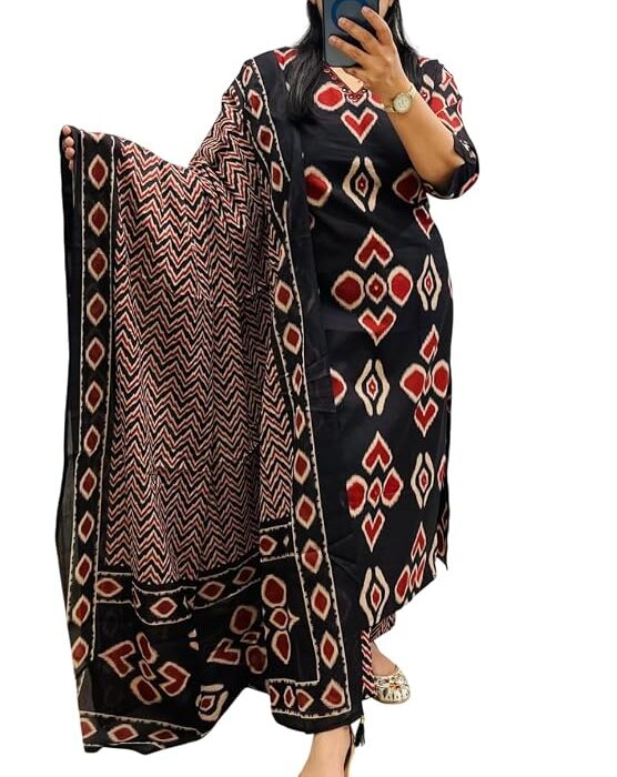 Women's Printed 100% Cotton Straight Kurta with Pants and Dupatta Set