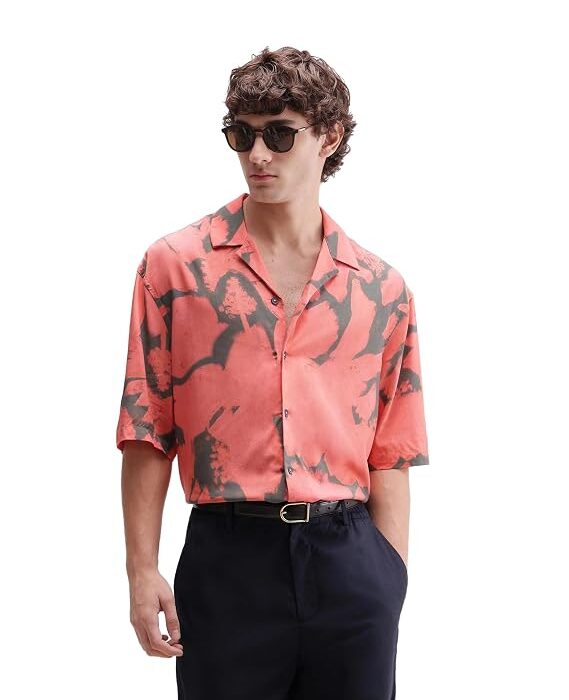 Men Regular Fit Peach Abstract Cotton Blend Button-Down Shirt