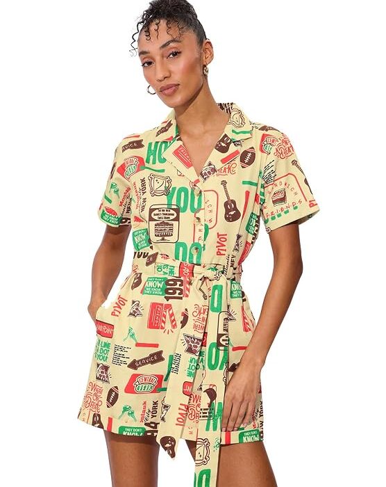 Vintage Women and Girls Short Sleeves Collared Neck Button Front Off White All Over Printed Cotton Mini Jumpsuits