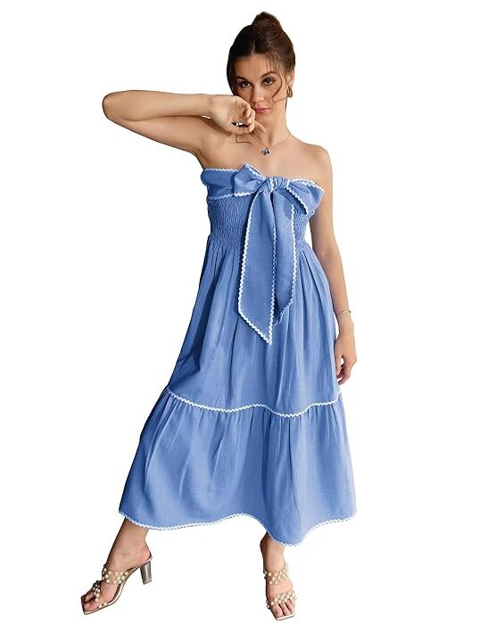 Women's Strapless Midi Sleeveless Solid Dress