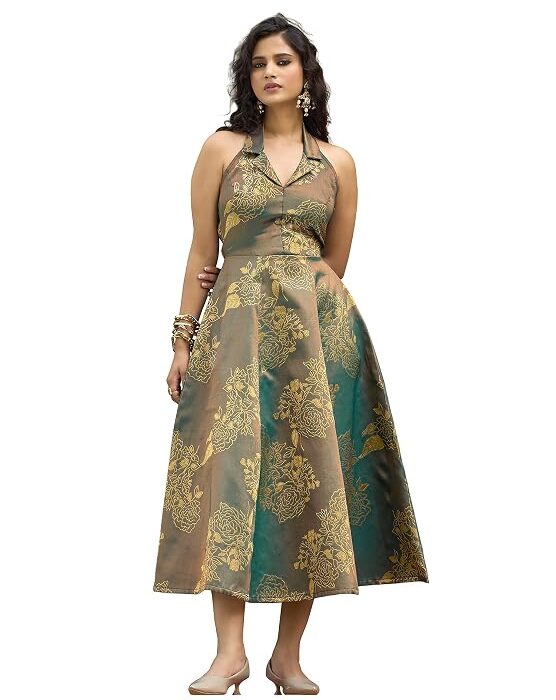 Women's Fit and Flared Midi Length Sleeveless Halter Neck Emblished Dress