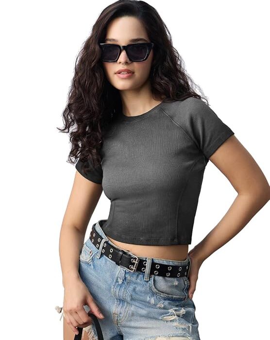 Ribbed Acid Wash Tee: Black Women and Girls Short Sleeves Round Neck Cotton Slim Fit Lightweight Streetwear Cropped T-Shirt