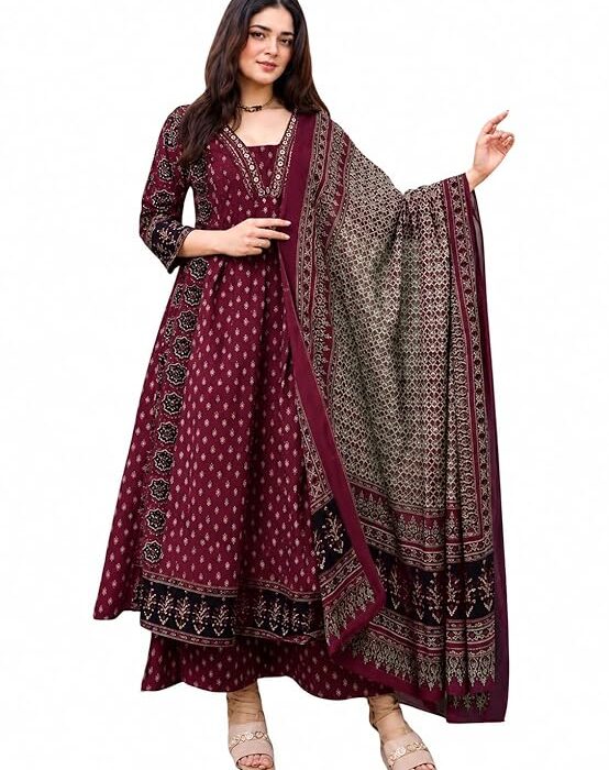 ASSUME FAB Women's Blue Viscose Ajrakh Print Anarkali Kurta with Pant & Dupatta Set
