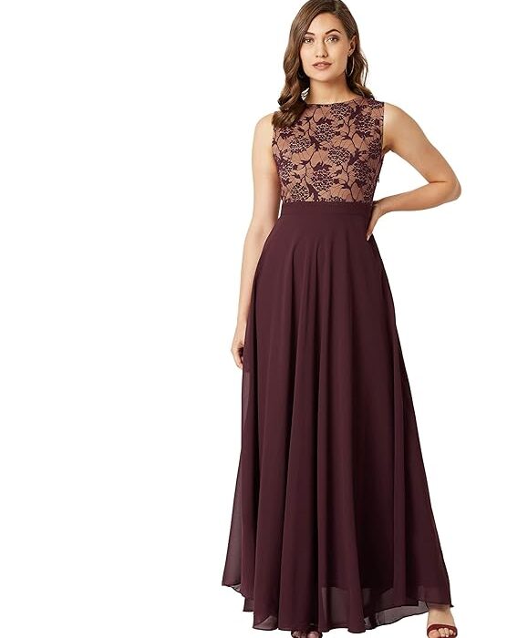 Women's Brick Red & Dusty Green Boat Neck Sleeveless Self Design Lace Overlaid Regular Dress
