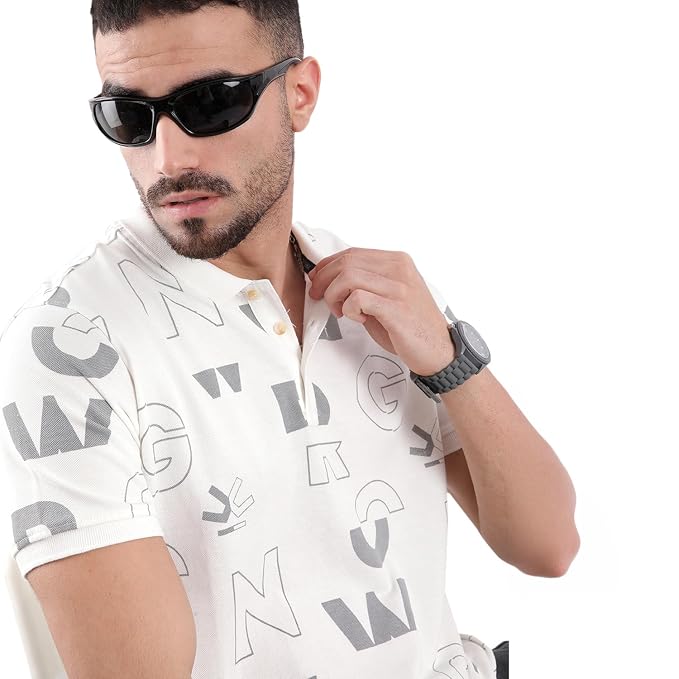 Men's Typographic AOP Slim Fit Polo T-Shirt