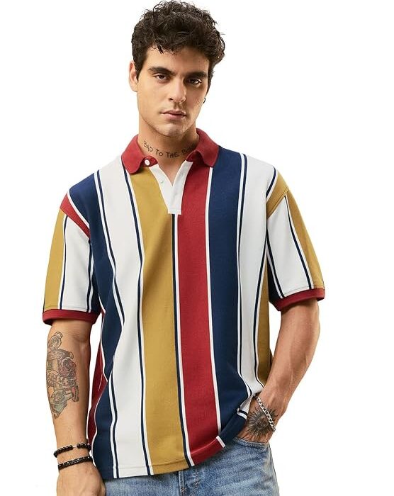 Caravan Men and Boys Short Sleeves Polo Neck White Navy Mustard Red Striped Cotton Blend Oversized Drop Shoulder Breathable Knit Casual Polos