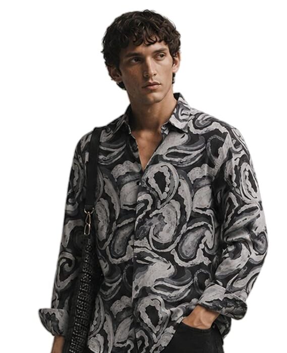 Men Regular Fit Dark Grey Paisley Viscose Button-Down Shirt