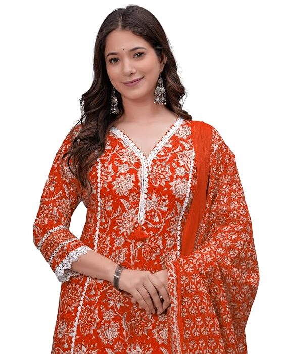 Amayra Women's Pure Cotton Printed Straight Kurta Set with Palazzo Pants & Dupatta- Ethnic Wear