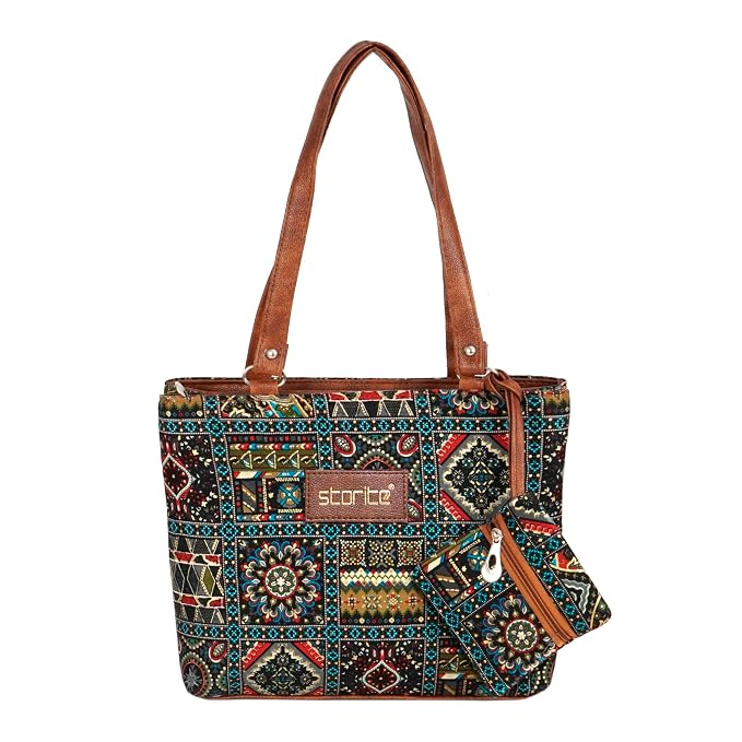 Women's Tote Bag With Pu Leather Handles & Embroidery Printed bag With Zip Pockets