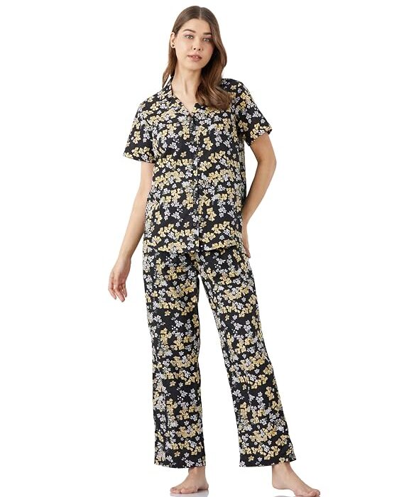 Myx Women Cotton Shirt and Relaxed Pajama Set