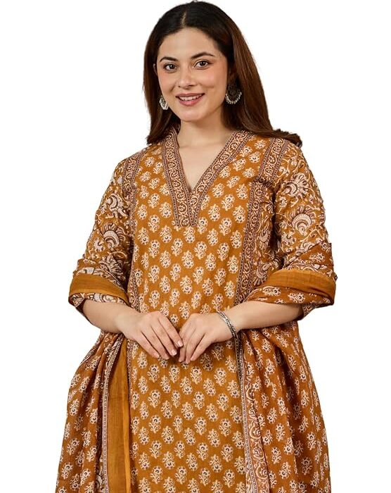 Arayna Women’s Cotton Printed Kurta Set with Pants & Dupatta