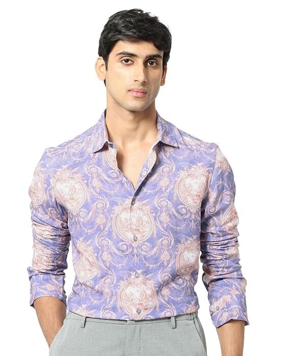 Men Regular Floral Dusky Purple Viscose Button-Down Long Sleeve Shirt