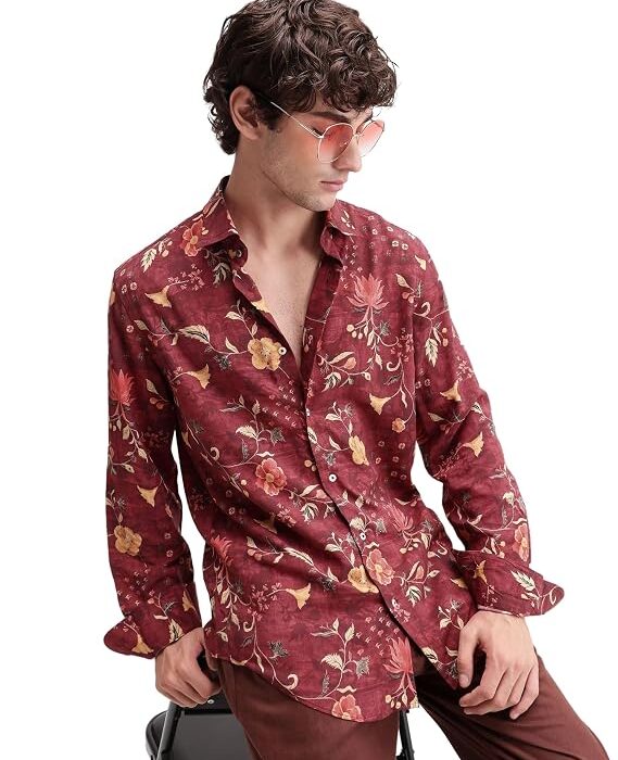 Regular Fit Dark Red Floral Rayon Button-Down Long Sleeve Shirt