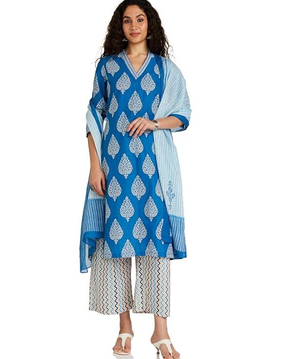 Women Cotton Straight Printed Kurta Straight Palazzo Suit Set