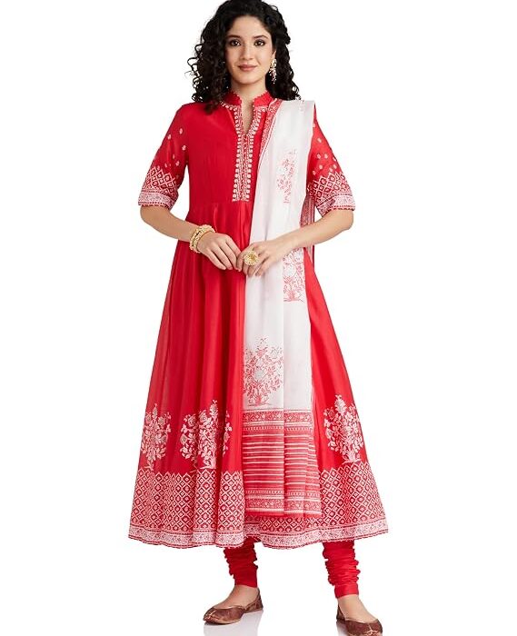 Women Cotton Anarkali Printed Kurta Churidar Suit Set