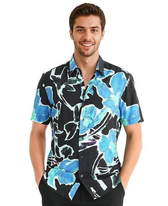 Men Regular Fit Navy Floral Viscose Button-Down Half Sleeve Shirt