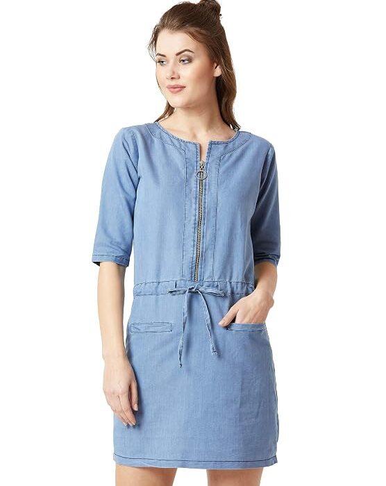 Women's Polo Neck Rolled Up Full Sleeve Denim Solid Buttoned A-Line Mini Dress