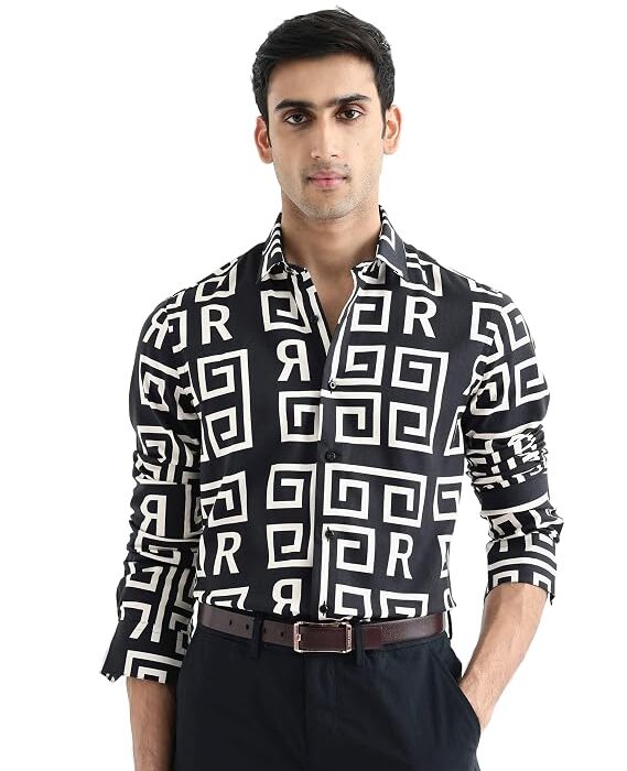 Men Regular Fit Black Geometric Cotton Button-Down Long Sleeve Shirt