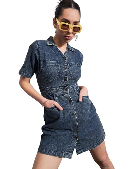 Women’s Mini Short Sleeves Blast Denim Front Button