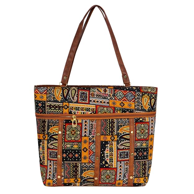 Women's Tote Bag with Leather Handles & Embroidery Printed Handbag