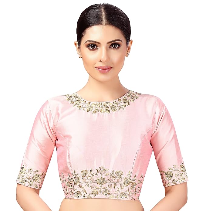 Studio Shringaar Women's Readymade Art Silk Embroidered Saree Blouse with Elbow Length Sleeves